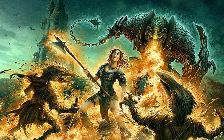 fantasy art, warrior, creature, artwork, women, fire, one person, HD wallpaper