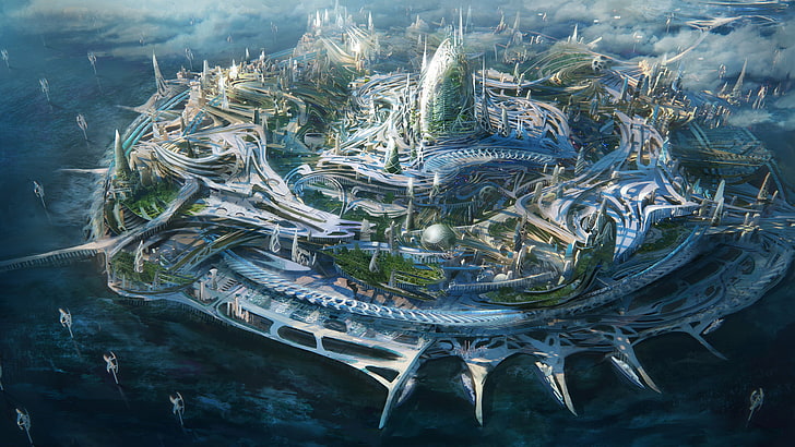 city buildings, digital art, science fiction, island, futuristic city