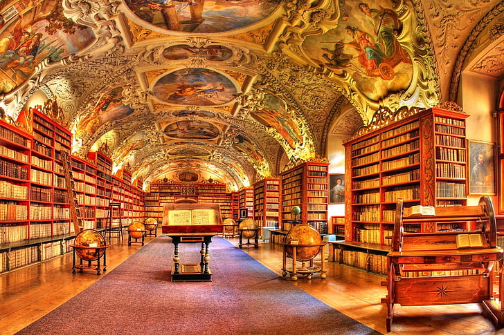 library interior, books, monastery, Prague, frescoes, indoors, HD wallpaper