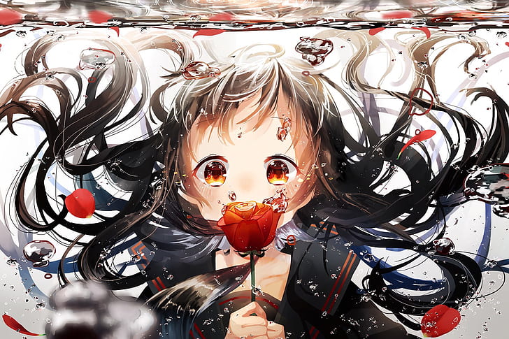 anime, anime girls, flowers, rose, dark hair, long hair, underwater, HD wallpaper