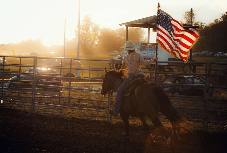 american flag, country, cowgirl, equine, horse, horse and rider, HD wallpaper