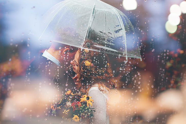 couple, love, umbrella, rain, weeding, hd, romantic, smiling, HD wallpaper