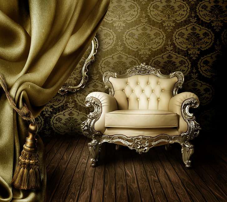tufted white fabric sofa chair, Wallpaper, curtains, vintage