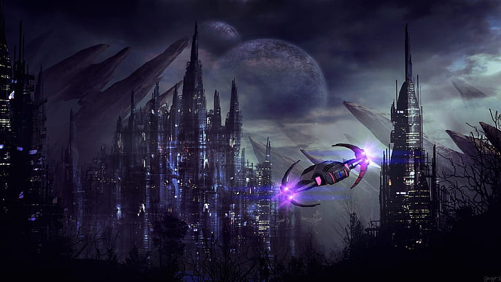 City, ship, planet, lights, future metropolis, black and purple space ship near the castle