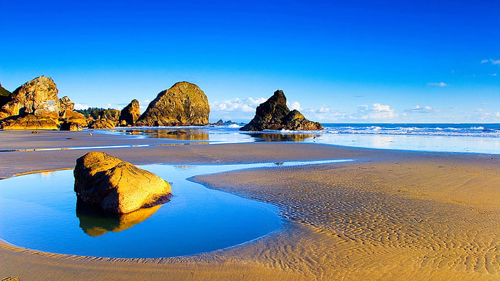 Landscapes Sandy Beach Rocks Sea Waves Summer Wallpaper Hd 3840×2160, HD wallpaper