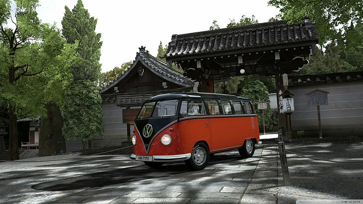 Vintage Vw Bus, red and black volkswagen van, driveway, shrine