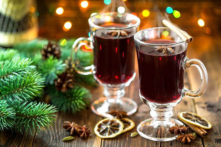 two clear glass footed mugs, winter, branches, lights, wine, lemon, HD wallpaper