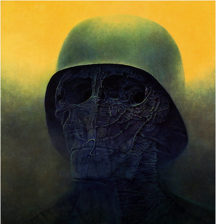 Zdzisław Beksiński, Artwork, Dark, Ghost, Skeletons, Helmet, HD wallpaper