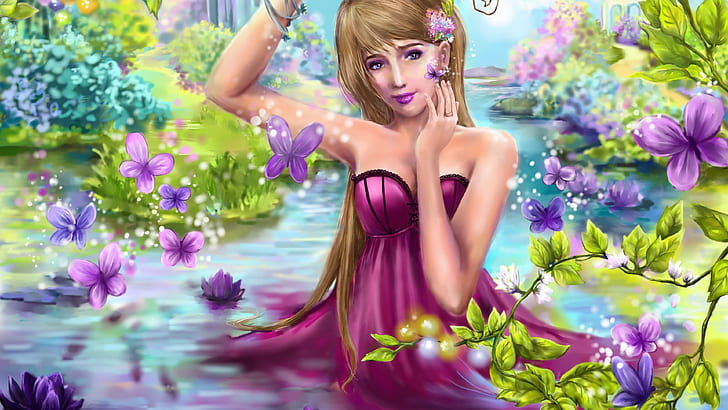 Beautiful purple dress fantasy girl in water, butterfly, flowers