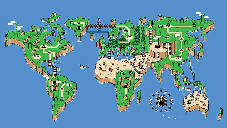 Super Mario World Map digital wallpaper, SNES, retro games, pixels