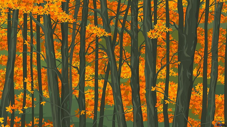 brown and orange trees painting, forest, green, glass, leaves