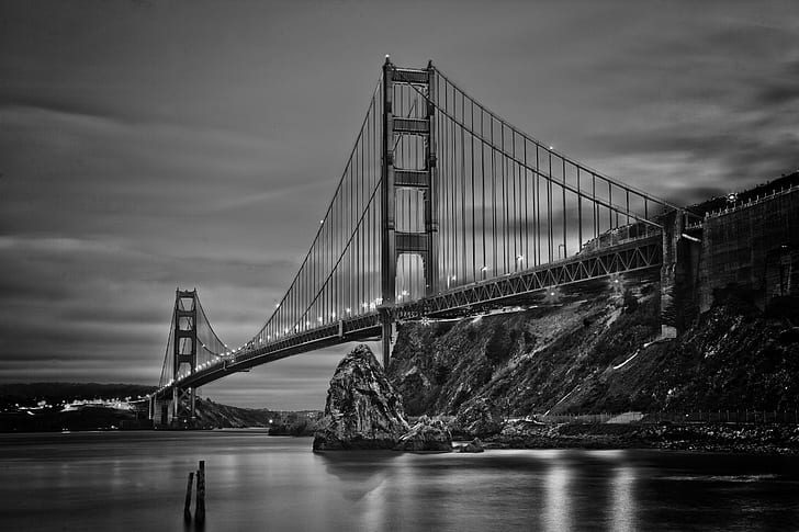grayscale photography of Golden Gate Bridge, Evening, canon, california