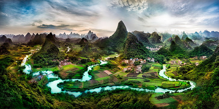 green mountains, digital art, landscape, China, environment, sky