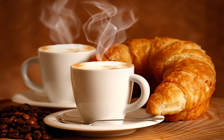 two white teacups with saucers, croissant, drink, couples, breakfast, HD wallpaper