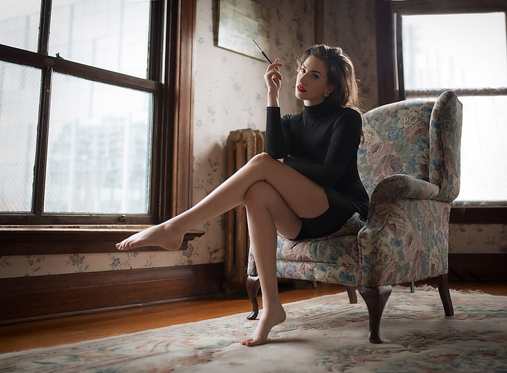 women's black long-sleeved dress, Kyle Cong, legs, 500px, smoking, HD wallpaper