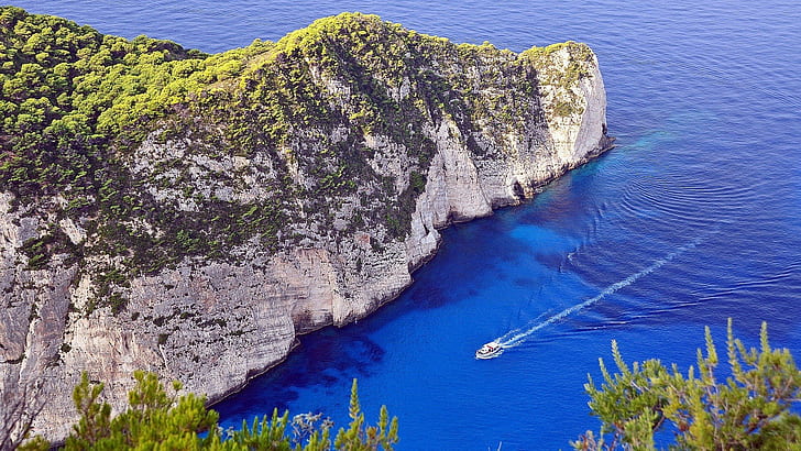 blue, boat, Greece, landscape, mountains, nature, Navagio Beach