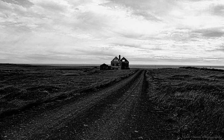 grayscale photo of house on land, Iceland, landscape, ruin, monochrome