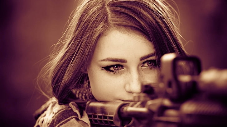 black rifle with tactical scope, brunette, women, face, model