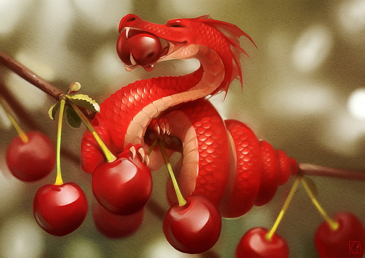 red dragon illustration, red dragon on eating cherry digital wallpaper