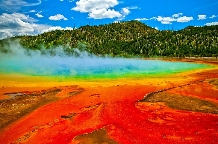 nature, Yellowstone National Park, geysers, water, colorful