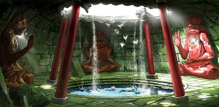 temple, pond, fantasy art, representation, no people, belief, HD wallpaper