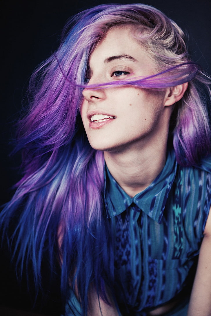 women, model, purple hair, dyed hair, long hair, face, portrait