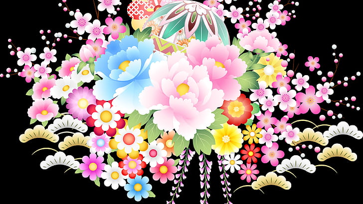 Colorful vector flowers, pink and blue flower illustration, HD wallpaper