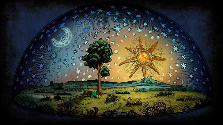 dream, tree, sun, tale, stars, imagination, HD wallpaper