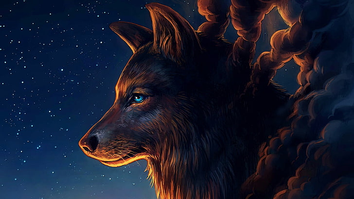 werewolf, fabulous, blue eyes, night sky, starry, fantasy art
