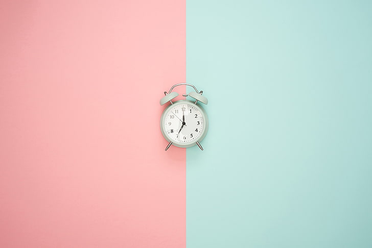 gray twin-bell alarm clock, minimalism, pink, pastel, time, timer, HD wallpaper