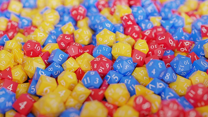 dice, Dungeons and Dragons, d20, primary colors