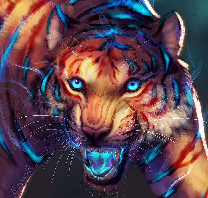 tiger, art, grin, glow, muzzle, predator