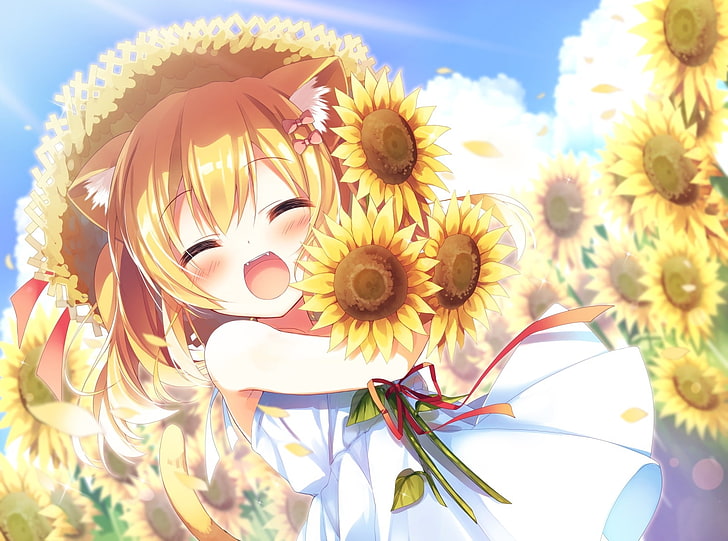 anime girl, big smile, sunflowers, animal ears, blonde, fang, HD wallpaper
