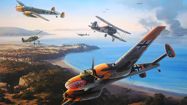 brown and grey fighter plane illustration, war, art, painting, HD wallpaper