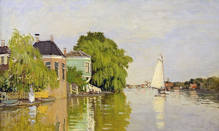 landscape, boat, picture, sail, Claude Monet, Houses on the Achterzaan