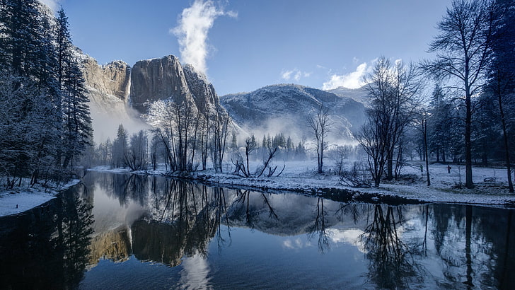 freezing, merced river, united states, california, yosemite national park