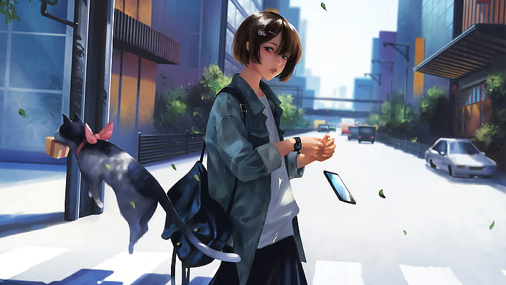 anime girls, cat boy, city, highway, car, illustration, fantasy art