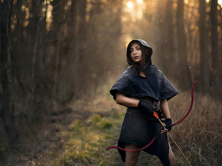 Girl, hunter, bow, arrows, women's black hoodie midi dress, HD wallpaper