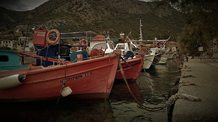 red, boat, villages, ports, Trikeri, nautical vessel, mode of transportation, HD wallpaper