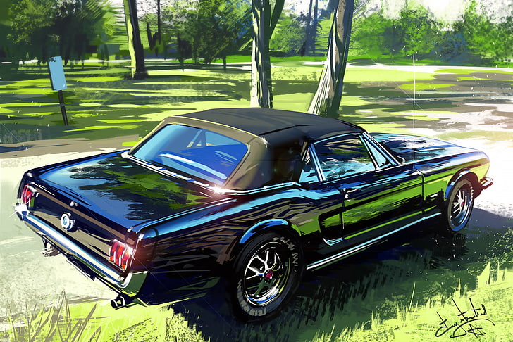 Aleksandr Sidelnikov, car, vehicle, painting, Ford Mustang, HD wallpaper