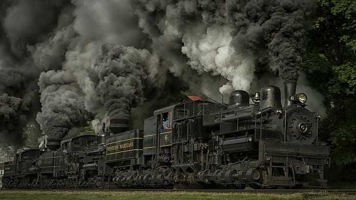 USA, grass, steam locomotive, trees, smoke, Maryland, railway