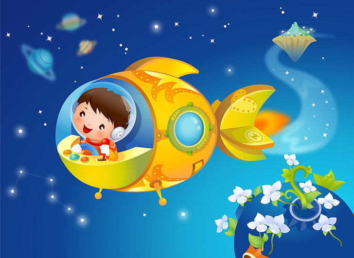 boy riding rocket in space illustration, flowers, smile, fantasy