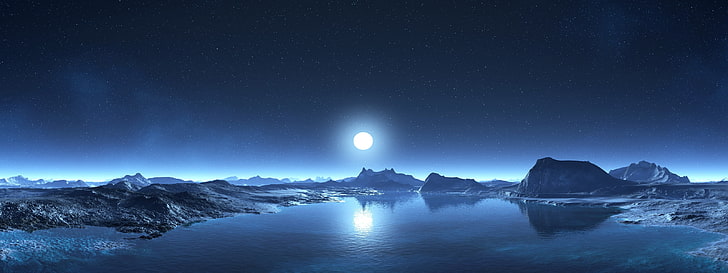 night, moon, lake, hills, mountain, sci-fi, stars, sky, digital art