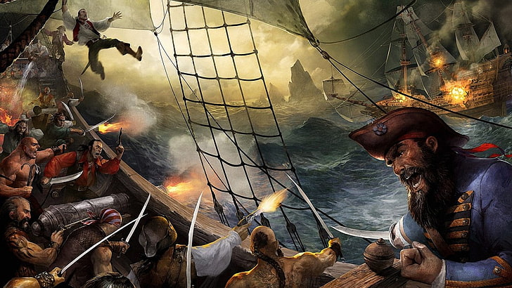 ocean guns waves ships pirates cannons battles digital art adventure swords sails sailor sea Nature Oceans HD Art
