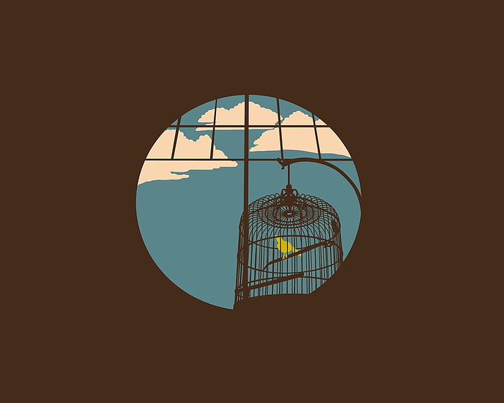 dome birdcage illustration, simple, minimalism, cages, birds, HD wallpaper