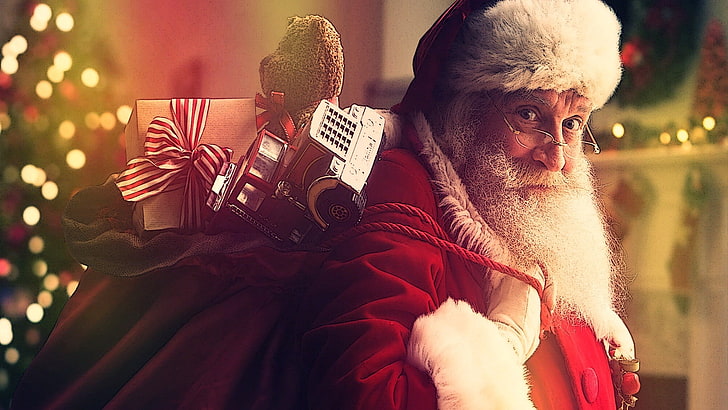 Santa Claus poster, lights, toys, christmas, men, holiday, celebration, HD wallpaper