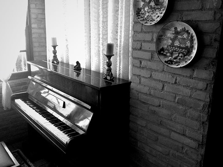 black and white wooden dresser with mirror, piano, music, musical instrument, HD wallpaper