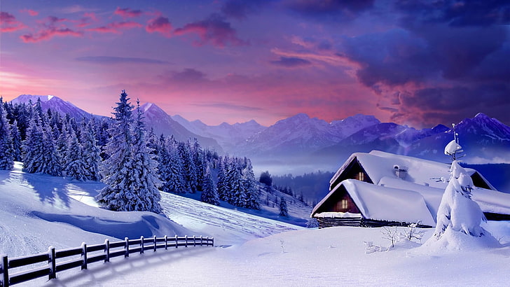 house covered with snow painting, nature, winter, landscape, cold temperature, HD wallpaper