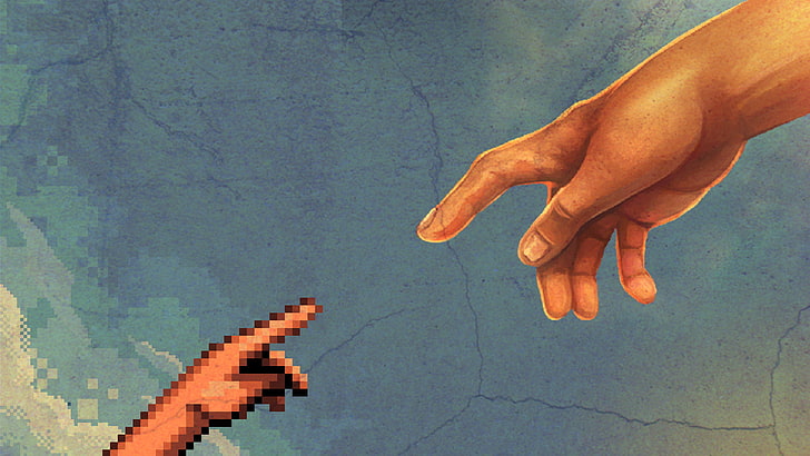 The Creation of Adam parody painting, two hand pointing each other painting, HD wallpaper