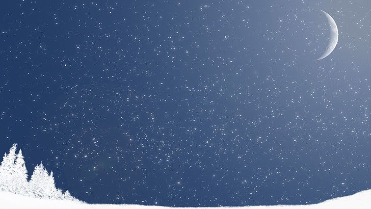 crescent moon and starry sky wallpaper, stars, snow, artwork